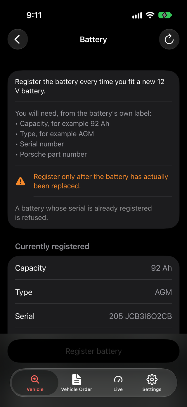 Battery registration: what the job needs from the new battery's label, the battery the car has registered now, and a Register battery button.