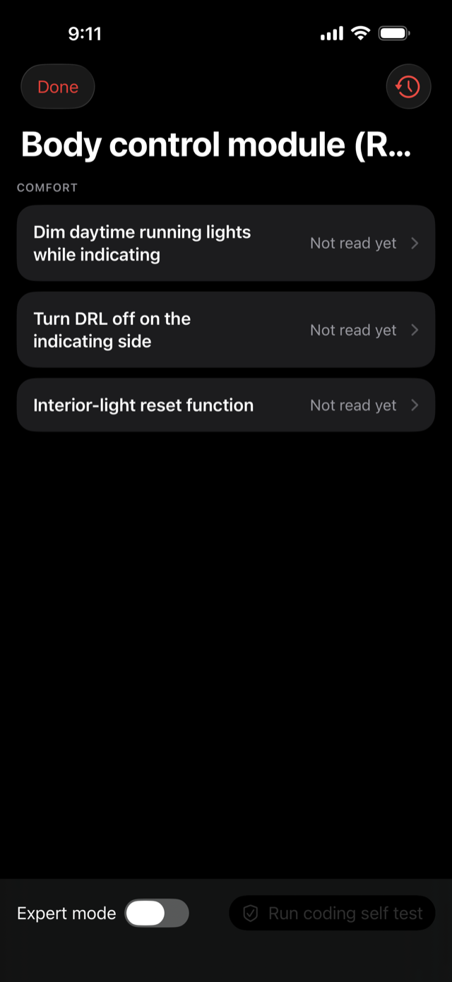 Module coding options in plain English, like dimming daytime running lights while indicating.