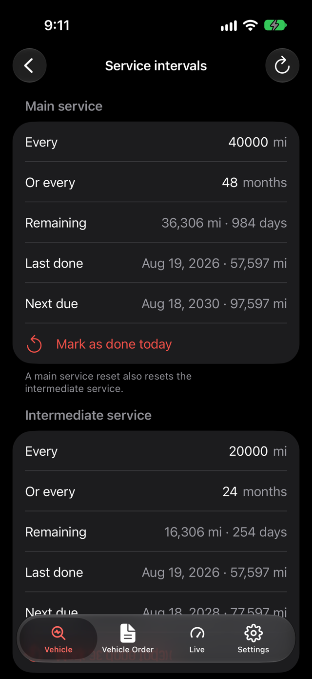 Service intervals read from the instrument cluster: main and intermediate service, the miles and days remaining, when each was last done and is next due, and a Mark as done today button.