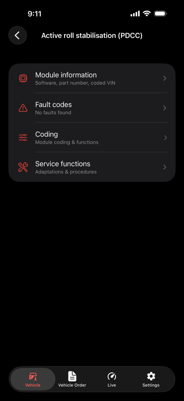 A control module's menu: module information, fault codes, coding, and service functions.